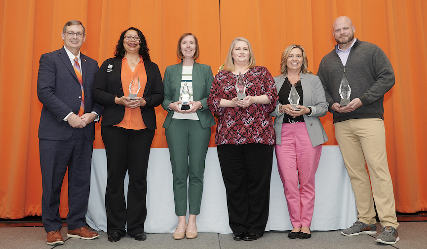 From left to right: Michael T. Stephenson, Doris Pratt, Emily Roper on behalf of Lisa Chaddick, Shellie Armstrong on behalf of Katelyn Conner, Krisitina Grimes and Steven Koether. 